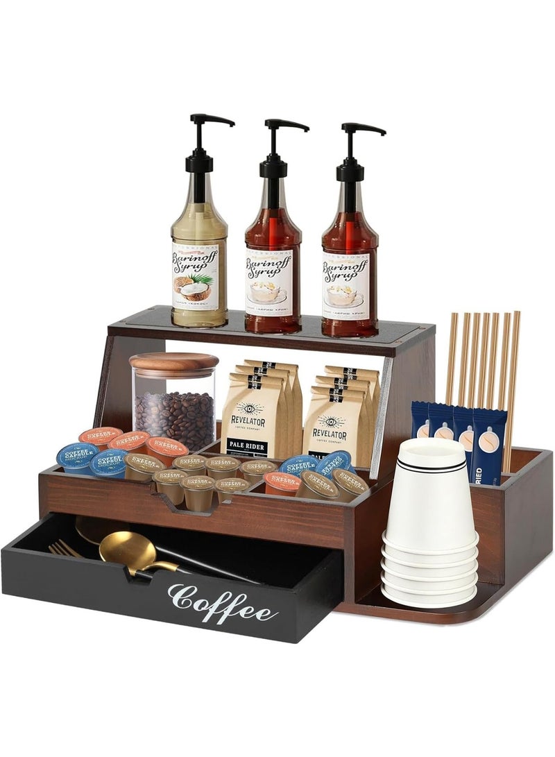 Bukela Coffee Station Organizer, Coffee Bar Organizer for Countertop, Wooden Coffee Station with Drawer, Tea and K Cup Storage Rack, Coffee Pod Holder for Home and Office Counter Organization - Image 1